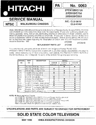 Hitachi 27CX15B Hitachi Solid State color television
Models:27CX15B/C750, 27CX1B/C750, 20SA5B/C053, 27CX21B/C750B,27CX6B/C756, 27CX5B/C755, 27CX25B/C750, 20SA3B/C052
Chassis:M3LXU, M3XU,M3LXU2 Service Manual