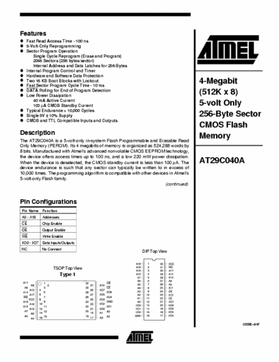 Atmel AT29C040A 4-Megabit (512K x 8) 5-volt Only 256-Byte  ector CMOS Flash Memory