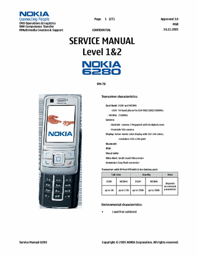 Nokia 6280 Service Manual level 1+2 and wiring diagram for Nokia 6280
