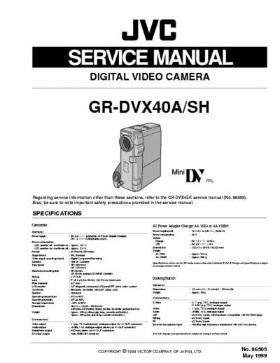 gr-dvx40 service manual for JVC Digital Video Camera GR-DVX40