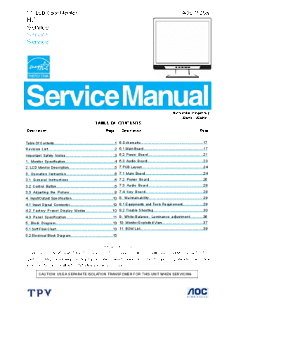AOC 712Sa Manual de serviço monitor 15" AOC 712Sa em ingles.