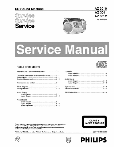 Philips AZ3010 Philips CD sound machine
ModelS: AZ3010, AZ3011, AZ3012
Service Manual