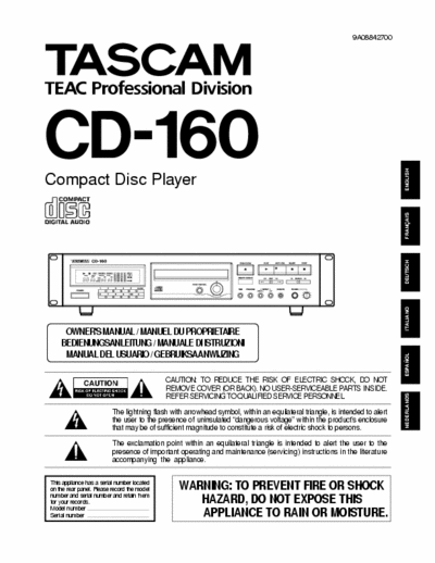 Tascam CD 160 CD Player Owner Manual