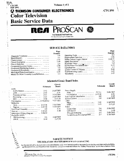 RCA CTC195 258 page basic service data manual volume 1 of 2 for Thompson consumer electronics RCA ProScan (GE) color TV model # CTC195. SEP1997.