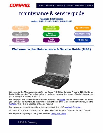 Compaq XL101-XL113, XL115, XL118-XL127 Portable Notebooks - Maintenance & Service Guide (MSG)