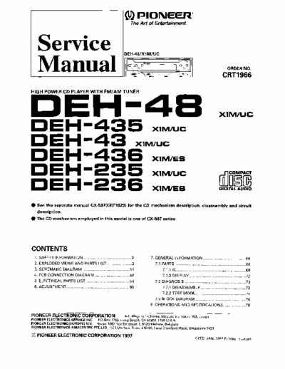 Pioneer DEH-436 Pioneer, Radio and CD player service manual