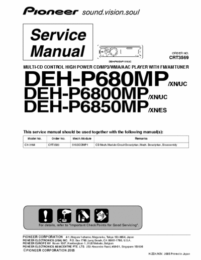 Pioneer DEH-P680MP Service manual of pioneer in dash DEH-P680MP and DEH-P6800MP