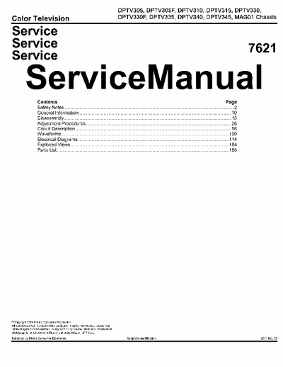 Philips DPTV305 1848 page service manual # 7621 for Philips color TV model #