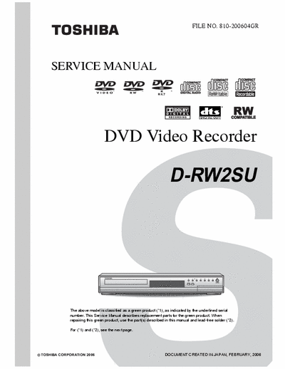 Toshiba D-RW2 Toshiba D-RW2 DVD Video Recorder (no schematics)