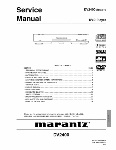 MARANTZ DV2400 MARANTZ DV2100 Service Manual