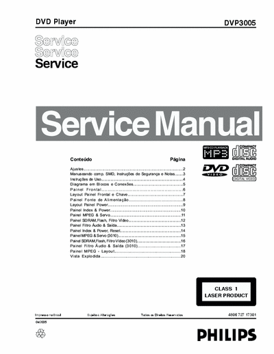 Philips DVP 3005 Manual de serviço dvd philips mod. dvp 3005 em portugues.