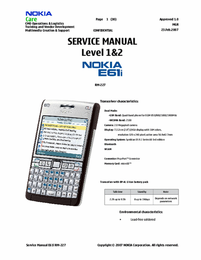 Nokia E61i Nokia E61i Service Manual level 1&2