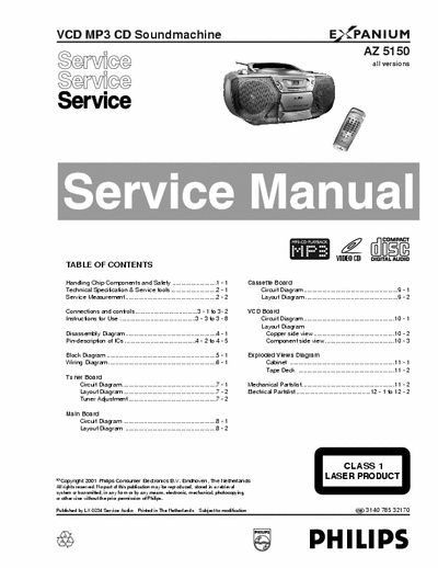 Philips AZ5150 Philips VCD MP3 CD soundmachine
Model: Expanium AZ5150
Service Manual