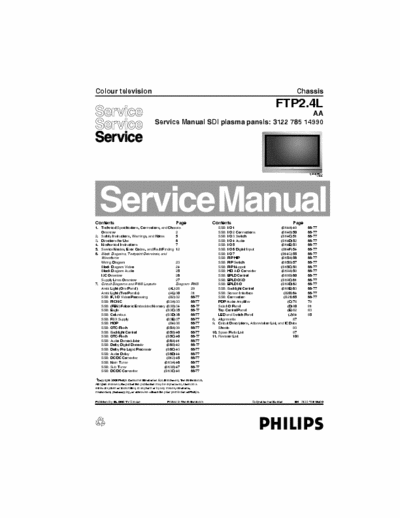 Philips FTP2.0L AA 108 page service manual for Philips 42 & 50 inch color SDI plasma panels: 3122 785 14990, chassis FTP2.0L AA (published by EL 0568 TV Service, Netherlands)