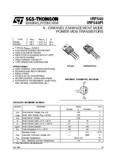 SGS-Thomson IRF540 Power mos transistor