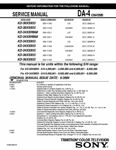 Sony KD-30XS955 209 page service manual for 32, 36 & 38 inch Sony Trinitron color TV (NTSC) model #