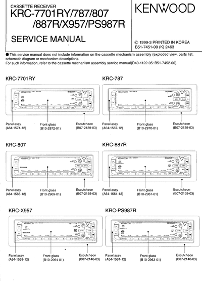 Kenwood KRC-7701RY/787/807/887R/X957/PS987R CASSETTE RECEIVER SERVICE MANUAL