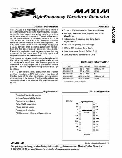 Maxim MAX038 High-Frequency Waveform Generator