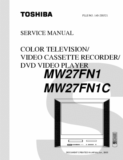 Toshiba MW27FN1 111 page service manual for Toshiba 27 inch color TV / video cassette recorder / DVD video player, model #