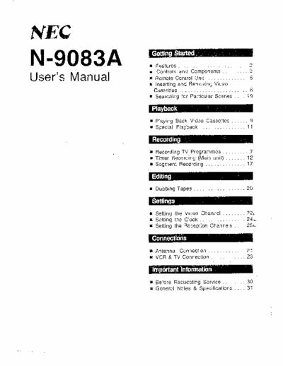 NEC N9083 User manual for NEC N9083 VCR. Available for A and D series.