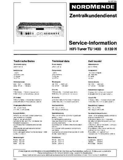 Nordmende HIFi-Tuner TU 1400 service manual