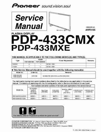 pioneer pdp433 manual de servicio para tv plasma pioneer