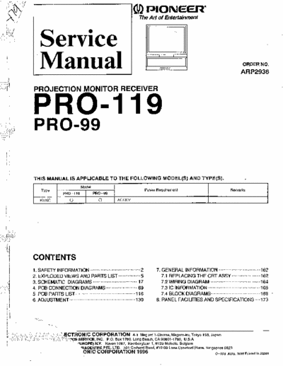 Pioneer PRO-119 175 page scanned service manual (#ARP2936) for Pioneer 51 & 60 inch projection monitor receiver (NTSC TV) model #
