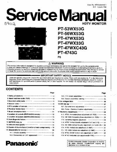 Panasonic PT-47WX53G 122 page scanned service manual for Panasonic 47, 53 & 56 inch Panasonic HDTV model #