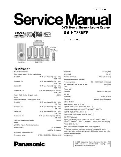 Panasonic SA-HT335EE Panasonic SA-HT335EE DVD Home Theater Sound System service manual