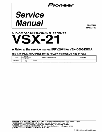 Pioneer VSX-21 AUDIO/VIDEO MULTI-CHANNEL RECEIVER
VSX-21