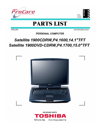 Toshiba 1905-S301 staellite 1900 parts breakdown manual