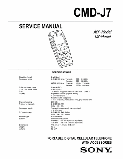 Sony CMD-J7 Sony CMD-J7 Service Manual 
Portable Digital Cellular Telephone