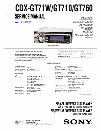 SONY CDX-GT71W_GT710_GT760 Service Manual CDX-GT71W, CDX-GT710, CDX-GT760