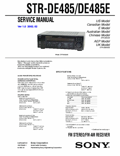 SONY STR-DE 485E Sony STR-DE 485 / 485E
Dolby Digital A/V Receiver Service Manual
including Service Test etc.