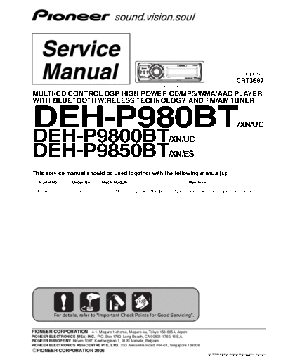 Pioneer DEH-P9800BT DEH-P9800BT service manual with schematics