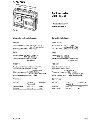Siemens Radiorecorder Club RM 751 service manual
