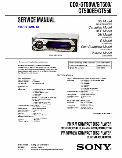 Sony CDX-GT50W, CDX-GT500, CDX-GT500EE, CDX-GT550 Service Manual