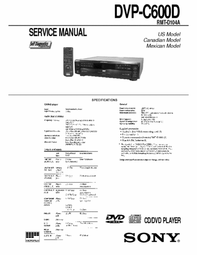 Sony DVP-C600D DVP-C600D
Remote control:RMT-D104A
Self diagnosis CD/DVD PLAYER