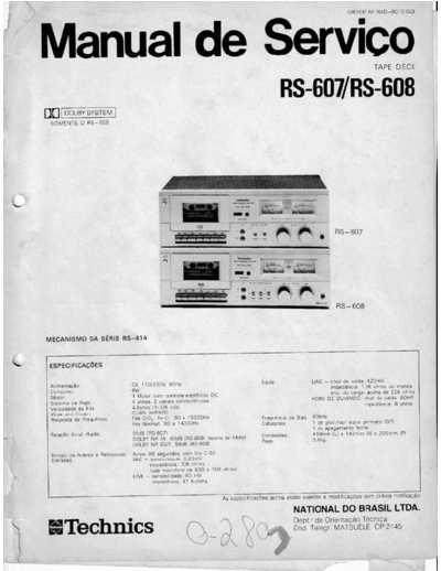 Technics RS-607/608 Service manual with mechanical drawings and electronic schematics.