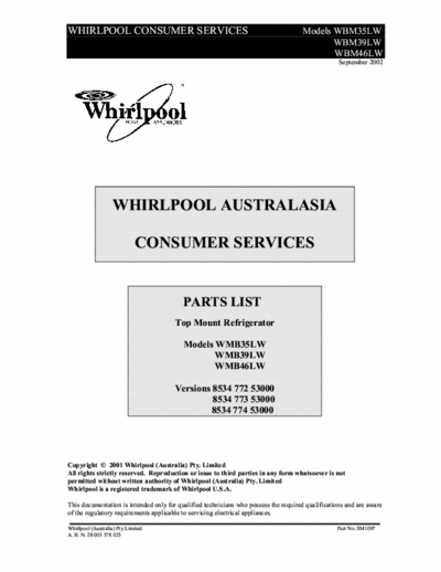 whirlpool WMB35,39,46LW whirlpool WMB35,39,46LW service manual