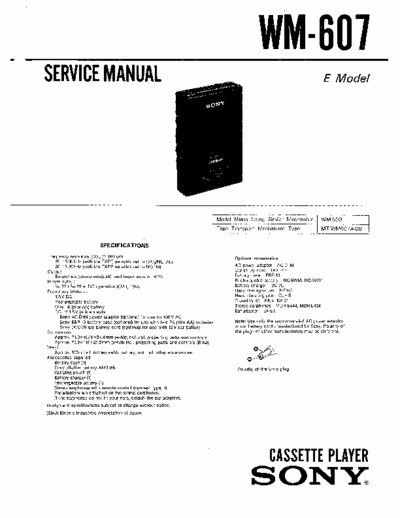 Sony WM-607 Service Manual for Sony Stereo Cassette Player (Walkman) WM-607.