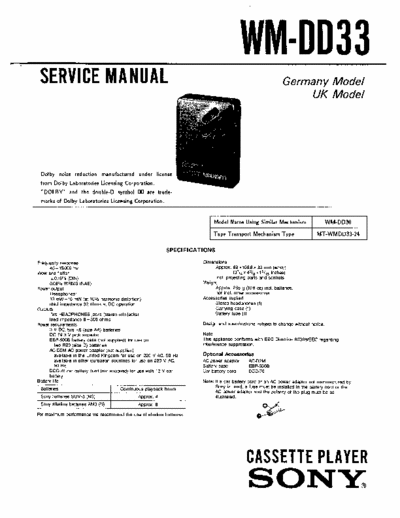Sony WM-D33 Service Manual for Sony Stereo Cassette Player (Walkman) WM-D33.