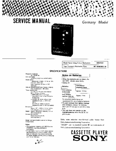 Sony WM-DD11 Service Manual for Sony Stereo Cassette Player (Walkman) WM-DD11.