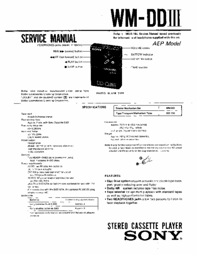 Sony WM-DD3 Service Manual for Sony Stereo Cassette Player (Walkman) WM-DD3.