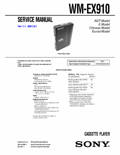 Sony WM-EX910 Service Manual for Sony Stereo Cassette Player (Walkman) WM-EX910.