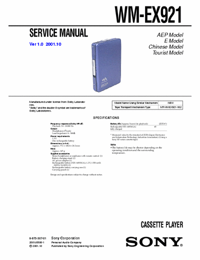 Sony WM-EX921 Service Manual for Sony Stereo Cassette Player (Walkman) WM-EX921.
