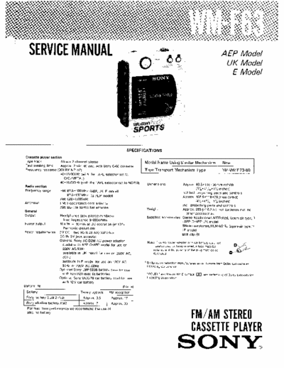 Sony WM-F63 Service Manual for Sony Stereo Cassette Player (Walkman) WM-F63.