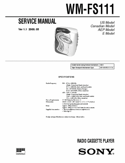 Sony WM-FS111 Service Manual for Sony Stereo Cassette Player (Walkman) WM-FS111.