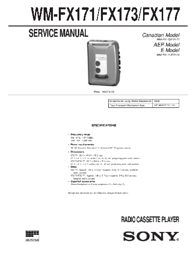 Sony WM-FX171 WM-FX173 WM-FX-177 Service Manual for Sony Stereo Cassette Player (Walkman) WM-FX171 WM-FX173 WM-FX-177.