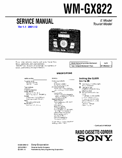 Sony WM-GX822 Service Manual for Sony Stereo Cassette Player (Walkman) WM-GX822.